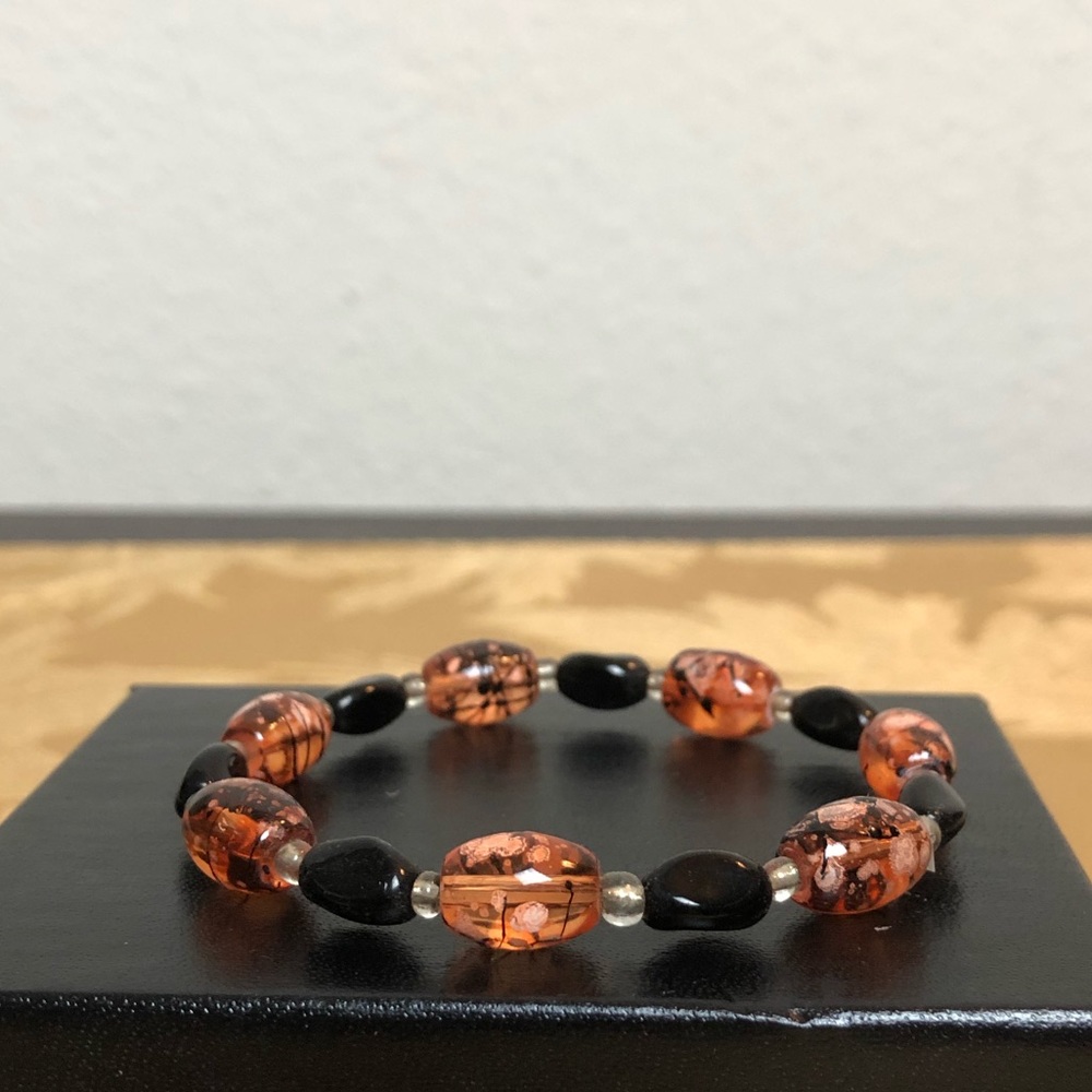 Orange and Black Beaded Stretch Bracelet